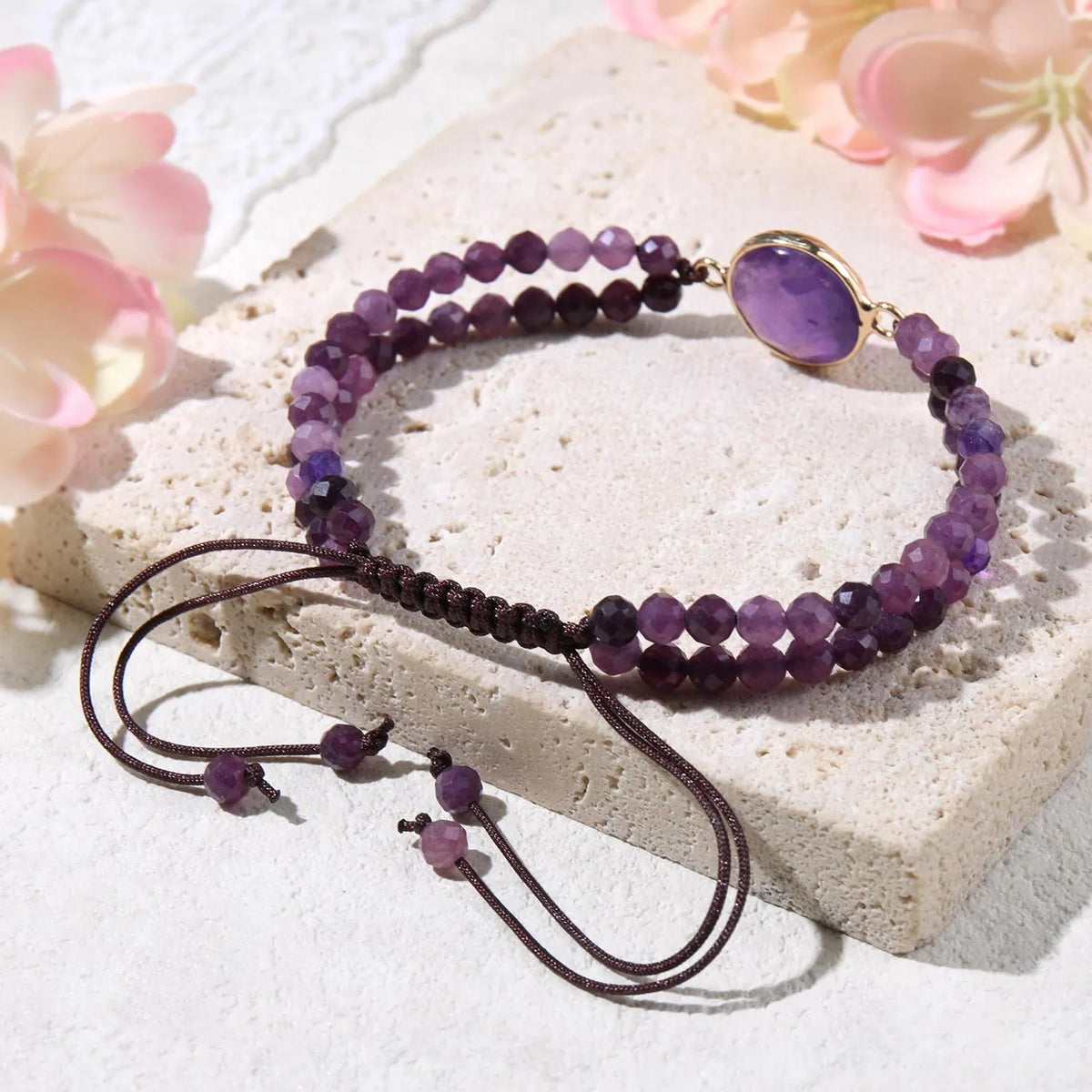Double Layer Amethyst Bracelet Natural Purple Gemstone Beads for Men & Women — Calming Intuition Healing Crystal February Birthstone Gift