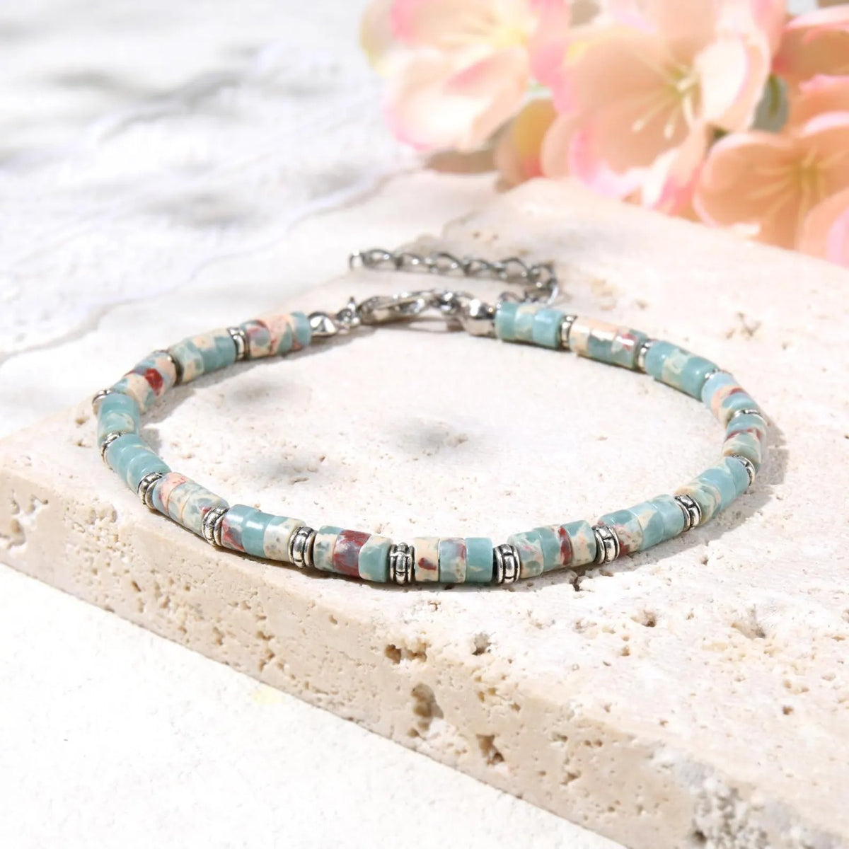 Aqua Terra Jasper Heishi Bracelet Natural Gemstone Flat Bead Stretch Bracelet for Men & Women — Ocean Earth Boho Beach Jewelry Gift