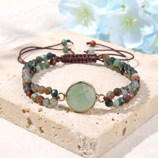 Green Aventurine & Moss Agate Double Layer Bracelet Natural Gemstone Wrap for Men & Women — Luck, Growth & Abundance Jewelry Gift