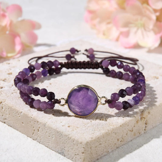 Double Layer Amethyst Bracelet Natural Purple Gemstone Beads for Men & Women — Calming Intuition Healing Crystal February Birthstone Gift