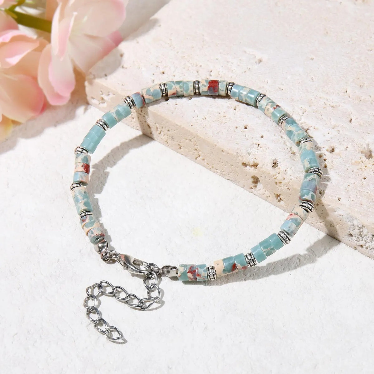 Aqua Terra Jasper Heishi Bracelet Natural Gemstone Flat Bead Stretch Bracelet for Men & Women — Ocean Earth Boho Beach Jewelry Gift