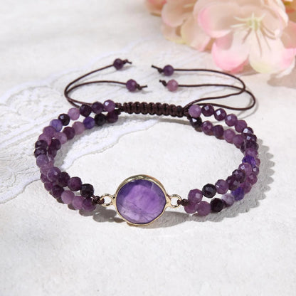 Double Layer Amethyst Bracelet Natural Purple Gemstone Beads for Men & Women — Calming Intuition Healing Crystal February Birthstone Gift