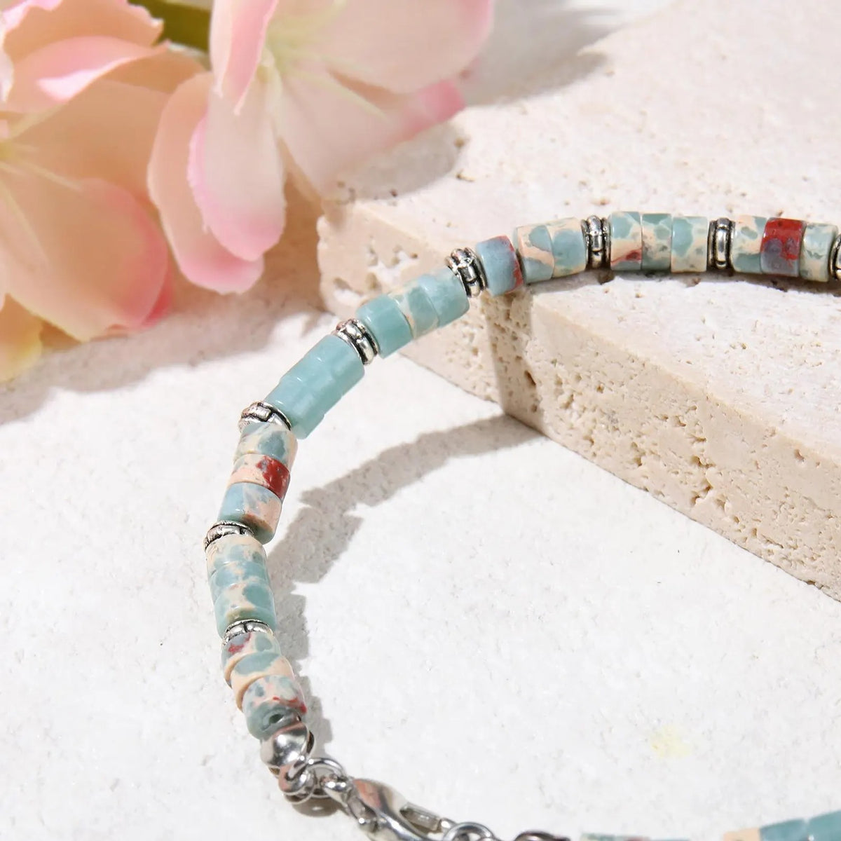 Aqua Terra Jasper Heishi Bracelet Natural Gemstone Flat Bead Stretch Bracelet for Men & Women — Ocean Earth Boho Beach Jewelry Gift