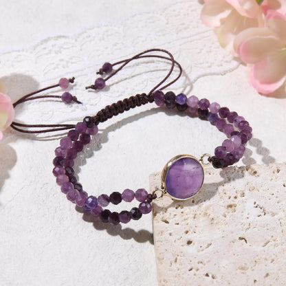 Double Layer Amethyst Bracelet Natural Purple Gemstone Beads for Men & Women — Calming Intuition Healing Crystal February Birthstone Gift