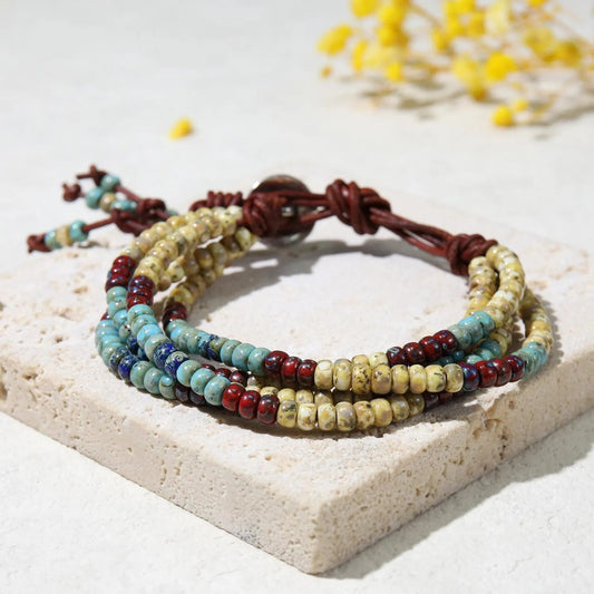 Four Strand Seed Bead Wrap Bracelet Handcrafted Boho Beaded Cuff for Women — Colorful Layered Stackable Festival Jewelry Gift
