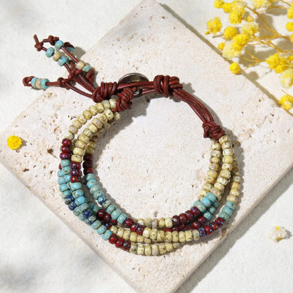 Four Strand Seed Bead Wrap Bracelet Handcrafted Boho Beaded Cuff for Women — Colorful Layered Stackable Festival Jewelry Gift